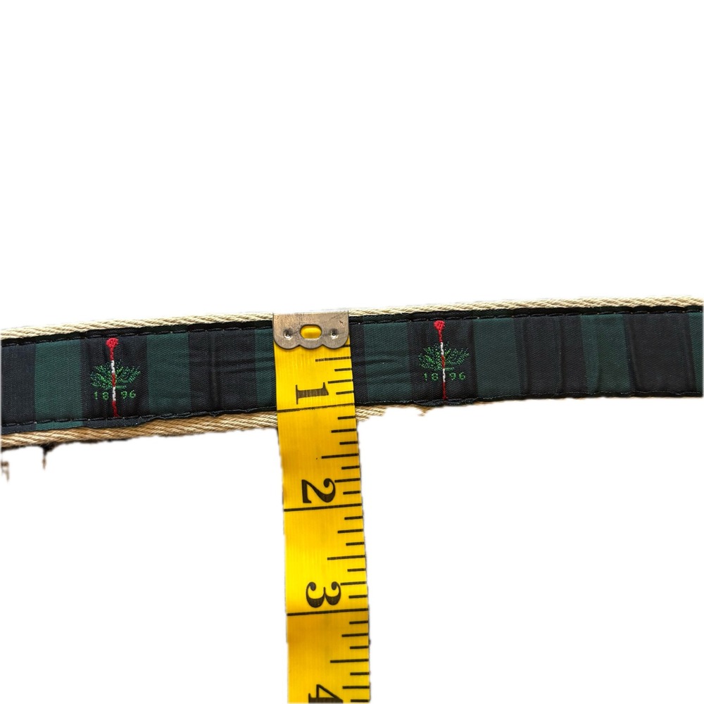 YRI Vintage Pine Tree Canvas Leather Belt Mens Green Blue Stripe Brass 44.5in